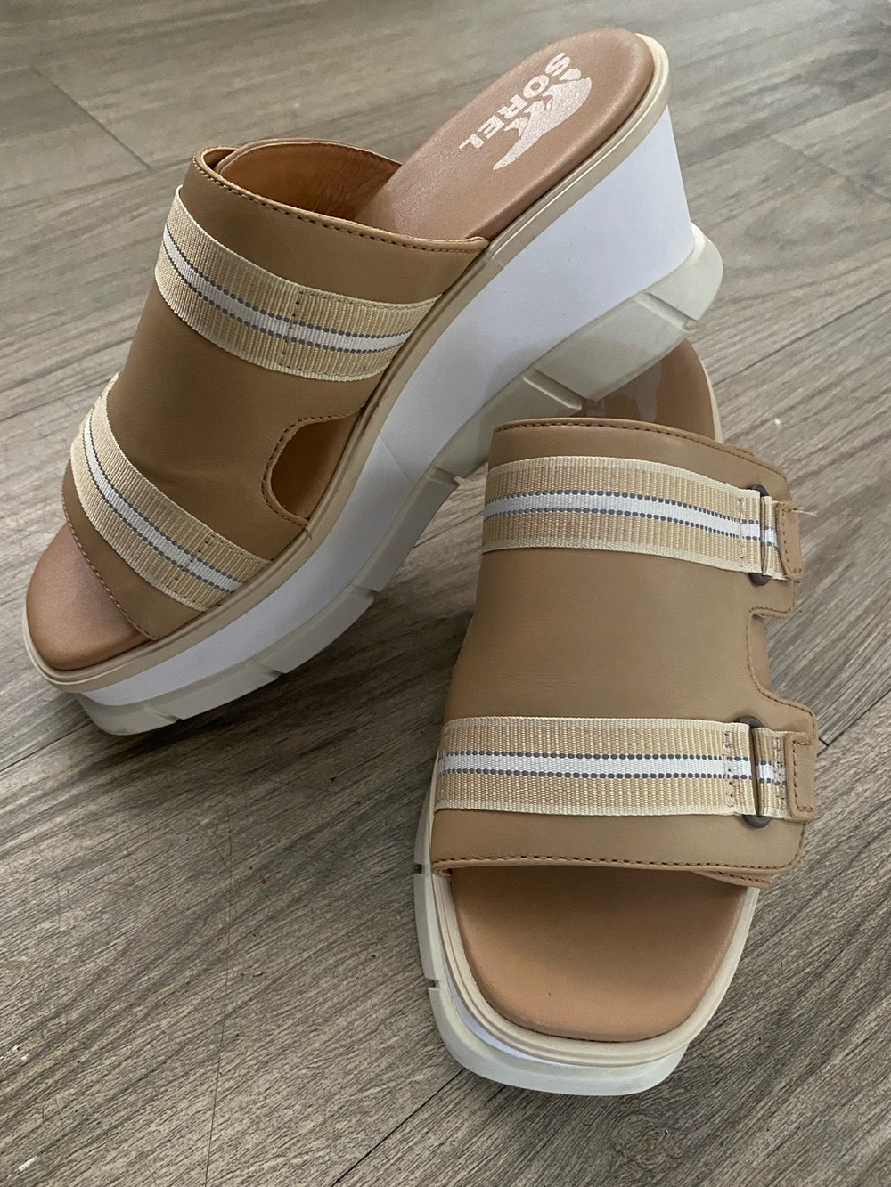 Sorel Joanie III Wedge Slide Sandals with Beige Striped Straps